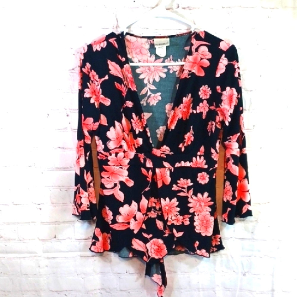 Y2K Vintage Fashion Bug  Tropical Floral TieFront Feminine Flutter Sleeve  Top S
